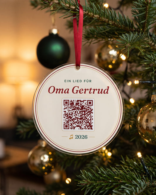 Runder Acryl-Anhänger „Ein Lied für …“ mit QR-Code am Christbaum (Beispiel, Name erfunden)