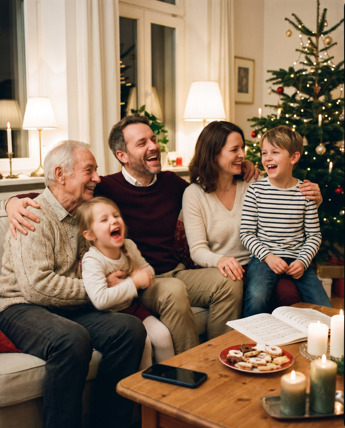 Drei Generationen einer Familie singen und lachen gemeinsam im weihnachtlichen Wohnzimmer, auf dem Tisch liegt ein Handy mit dem Familienlied