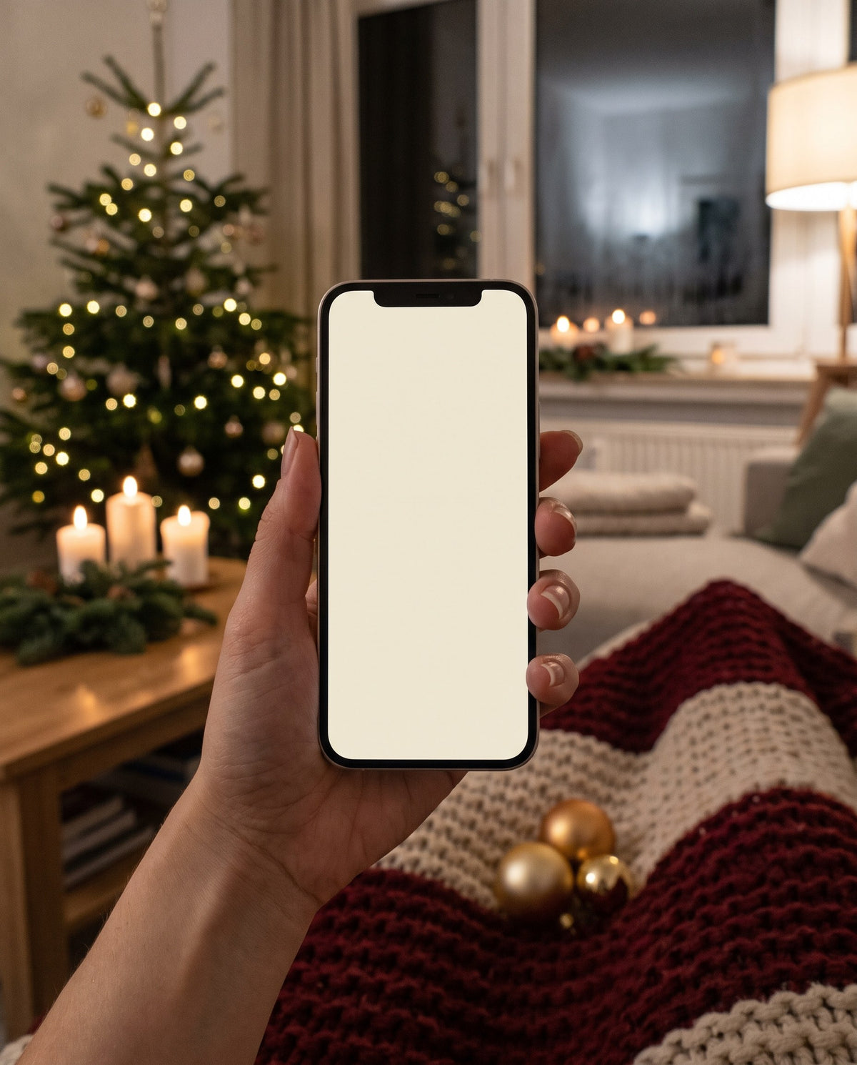 Hand hält ein Handy mit dem Abspiel-Link des persönlichen Liedes, im Hintergrund der Weihnachtsbaum