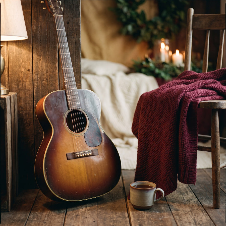 Akustikgitarre an einer Holzwand neben einer roten Strickdecke und einer Teetasse