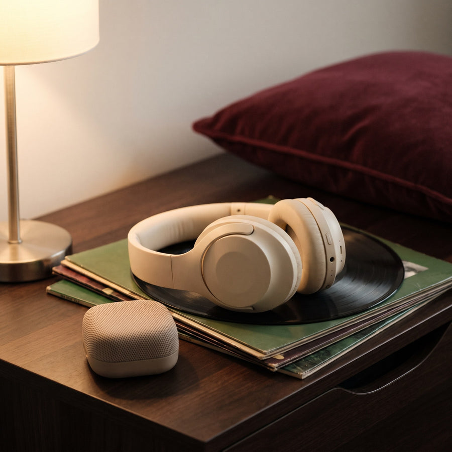 Kopfhörer auf einem Stapel Schallplatten neben einem kleinen Lautsprecher