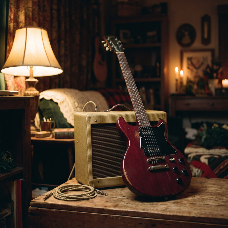 Rote E-Gitarre lehnt an einem Vintage-Verstärker