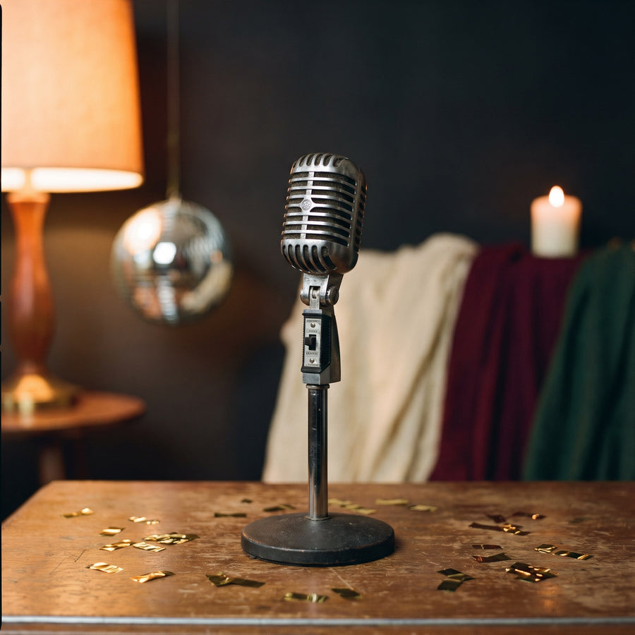 Vintage-Mikrofon auf einem Holztisch mit Goldkonfetti, dahinter eine Discokugel